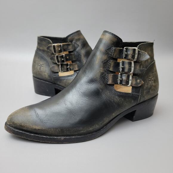 FRYE Ray Belted Ankle Booties Distressed Black Leather Western Zip Women 6.5M - Picture 1 of 12